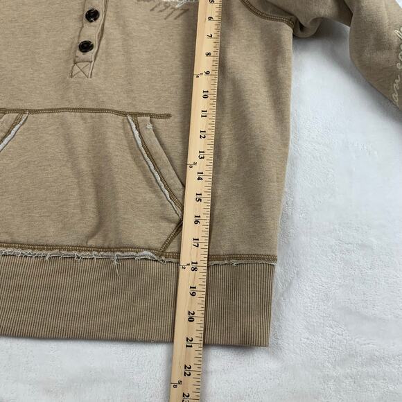 VTG Y2K American Eagle Womens Large Graphic Hoodie Pullover Tan Raw Edges Henley - Picture 13 of 15